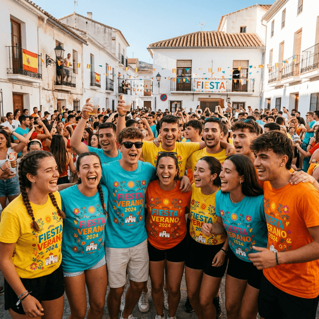 Gran grupo de jóvenes divirtiéndose en unas fiestas de pueblo vistiendo camisetas de peña amarillo neón