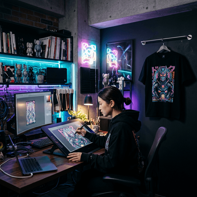 Diseñador digital creando una camiseta streetwear personalizada