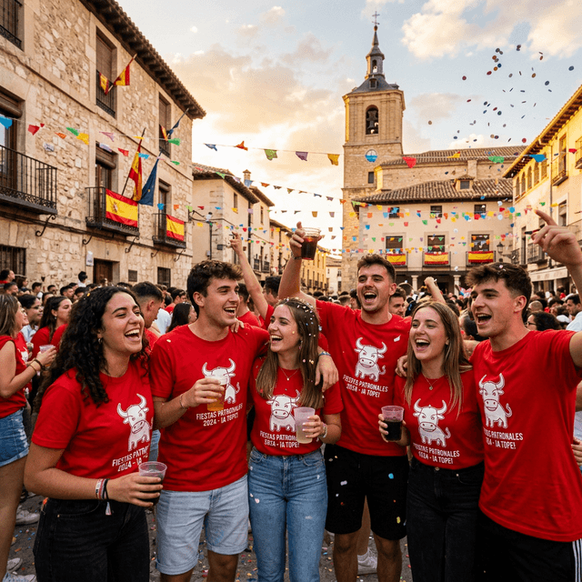 Jóvenes celebrando en fiestas patronales vistiendo camisetas personalizadas de su peña