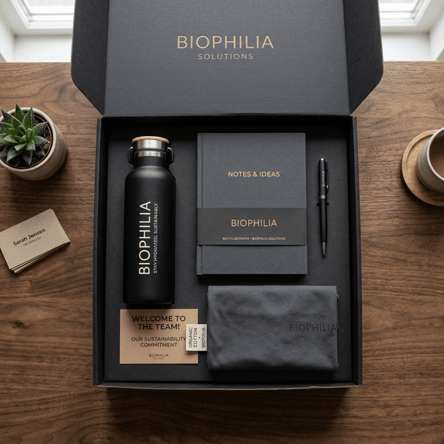 Caja premium negra de welcome pack corporativo con libreta, bolígrafo, botella de acero y camiseta de algodón orgánico