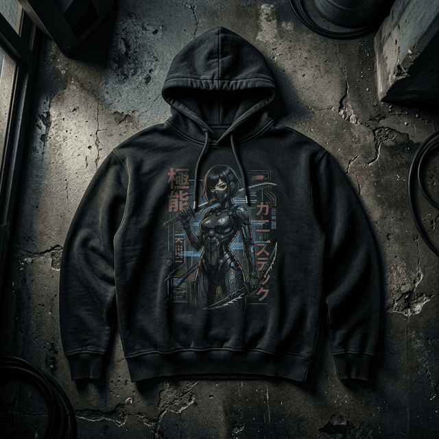 Sudadera pesada con estampado anime retro cyberpunk en entorno industrial