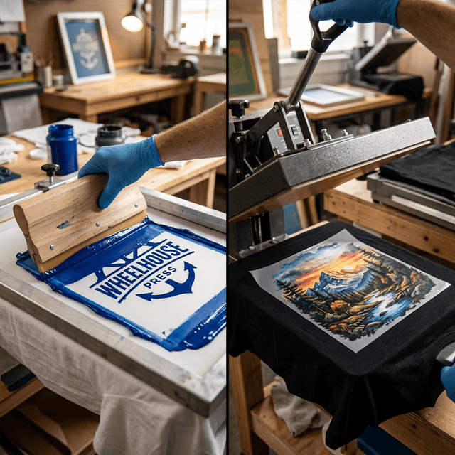 Comparativa visual entre serigrafía e impresión DTF sobre camisetas