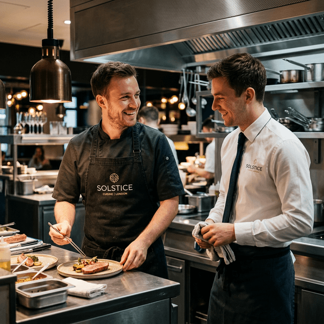 Chef y camarero trabajando en una cocina industrial con uniformes bordados personalizados