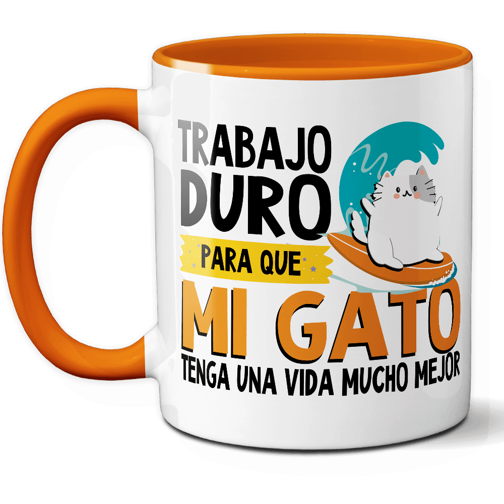 Taza Divertida 'Trabajo duro para que mi gato tenga una vida mucho mejor' – Ref. 2 – Cerámica 325 ml