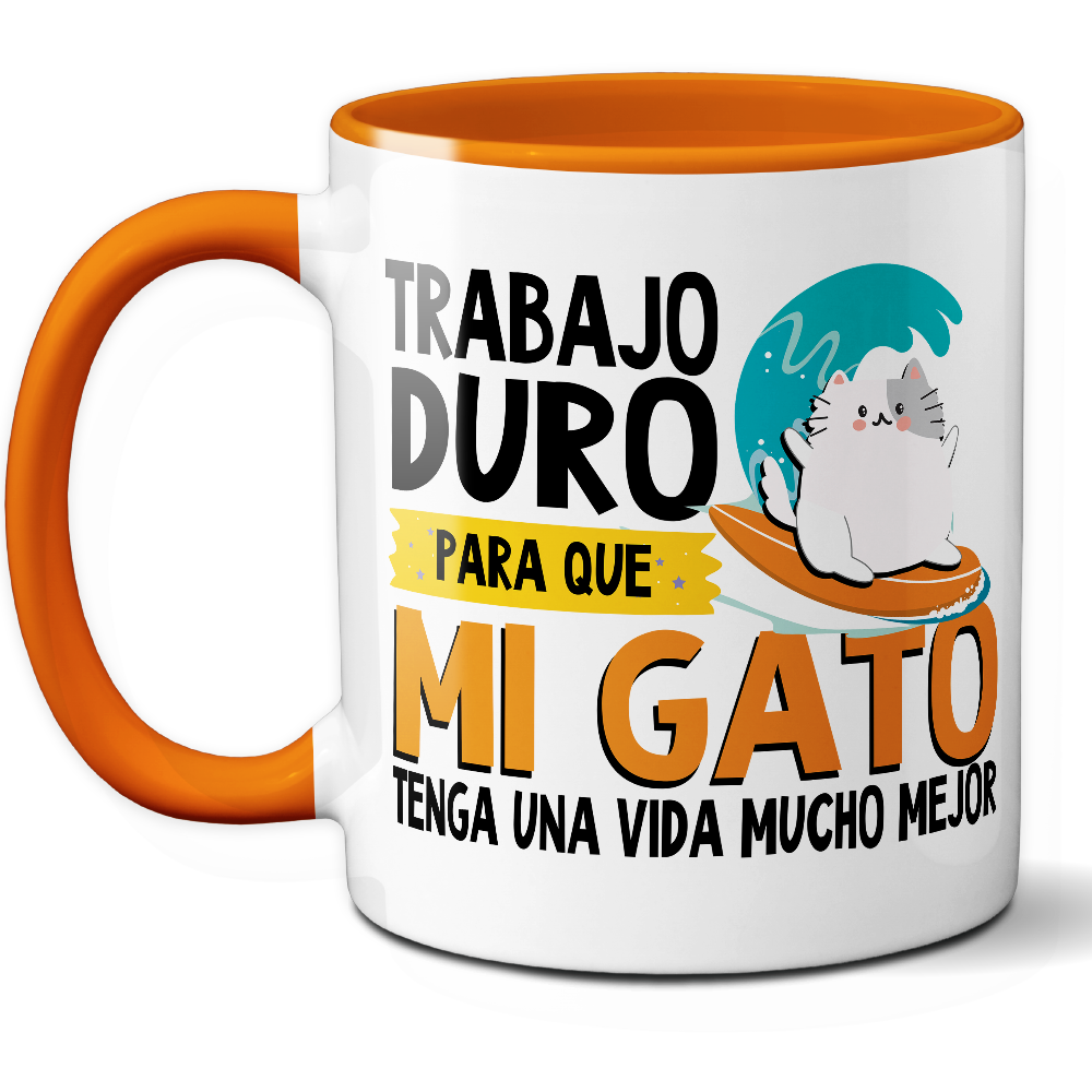 Taza Divertida 'Trabajo duro para que mi gato tenga una vida mucho mejor' – Ref. 2 – Cerámica 325 ml