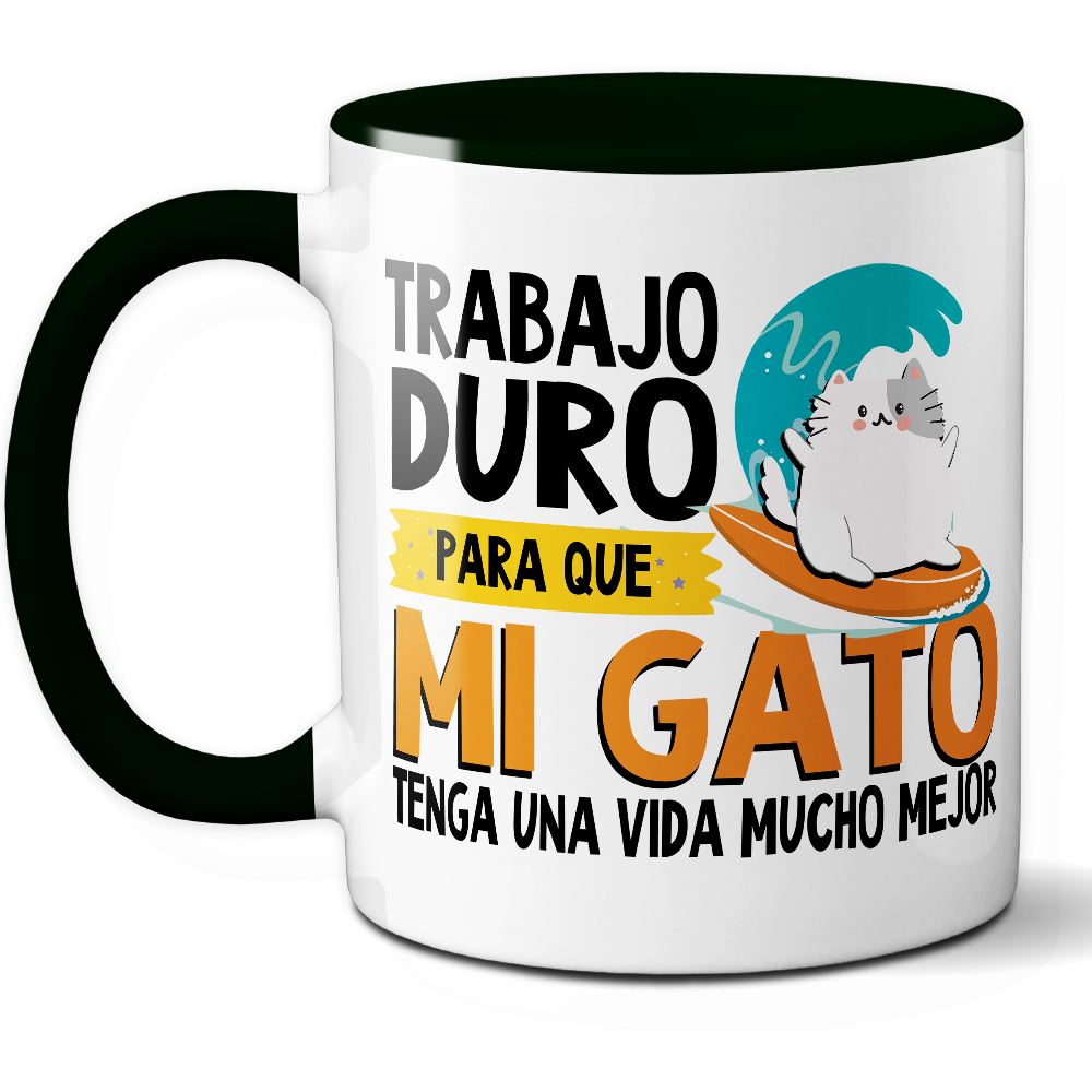 Taza Divertida 'Trabajo duro para que mi gato tenga una vida mucho mejor' – Ref. 2 – Cerámica 325 ml