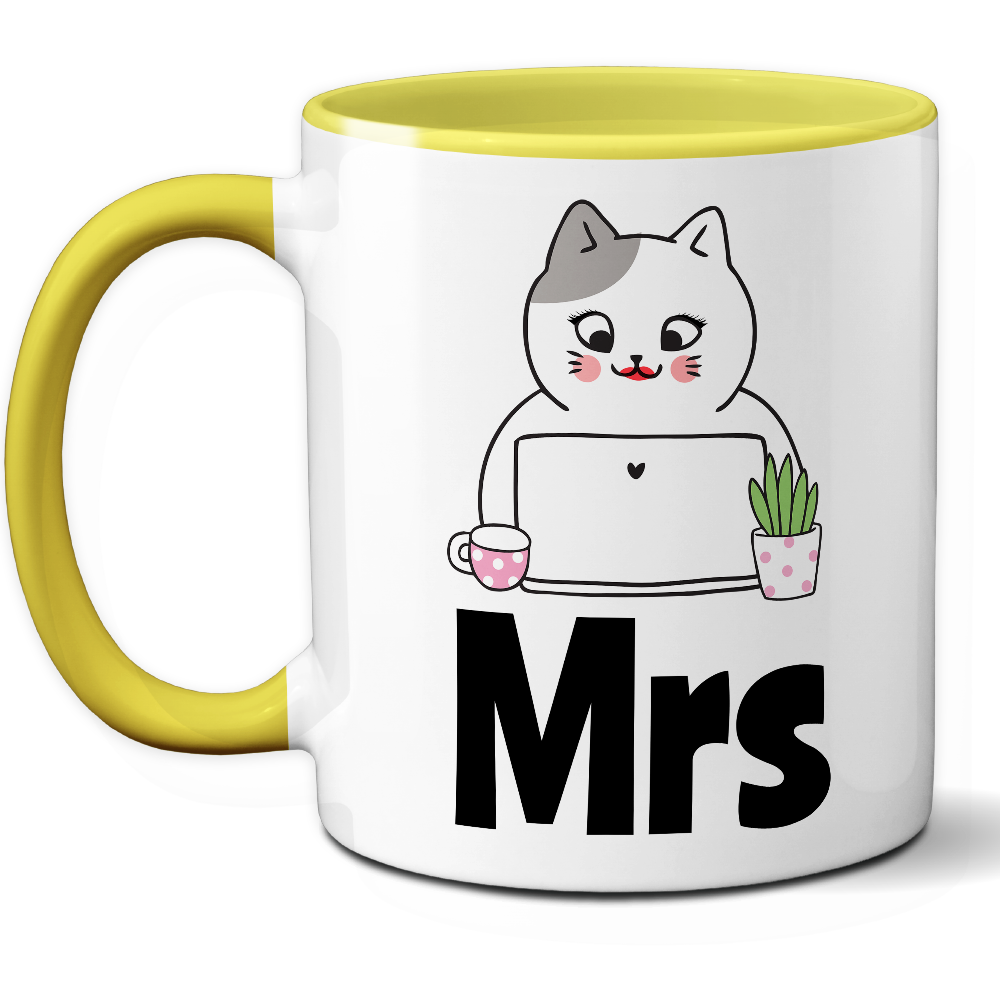 Taza Original 'Mrs' con Gatita en la Oficina – Ref. 8 – Cerámica 325 ml