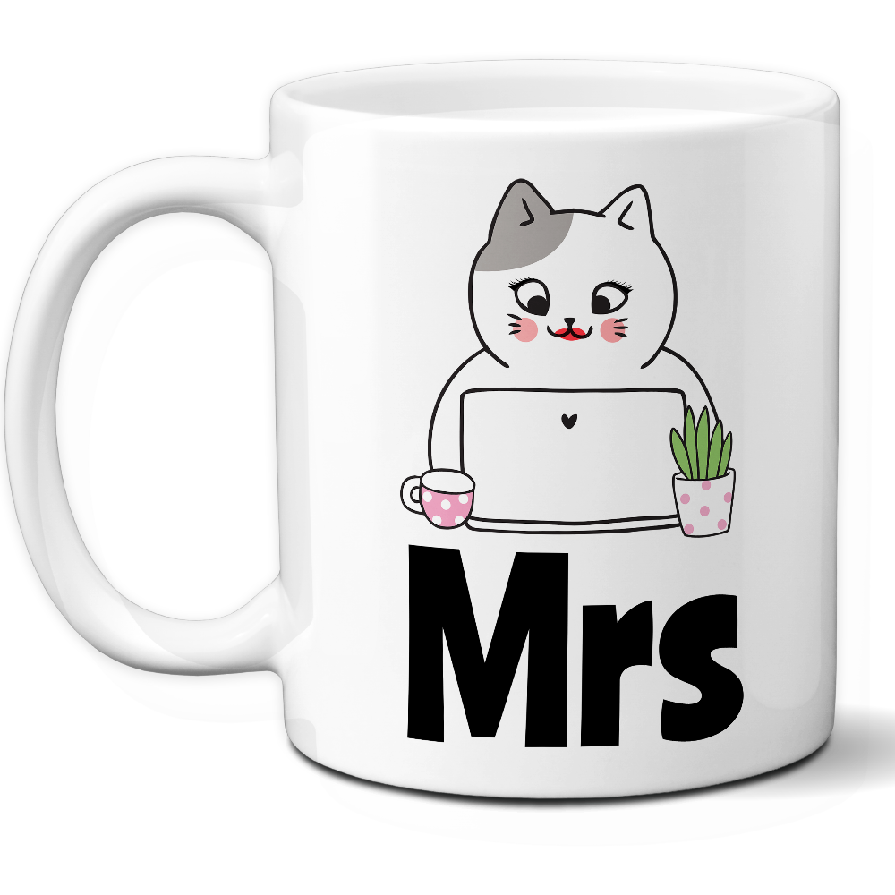 Taza Original 'Mrs' con Gatita en la Oficina – Ref. 8 – Cerámica 325 ml